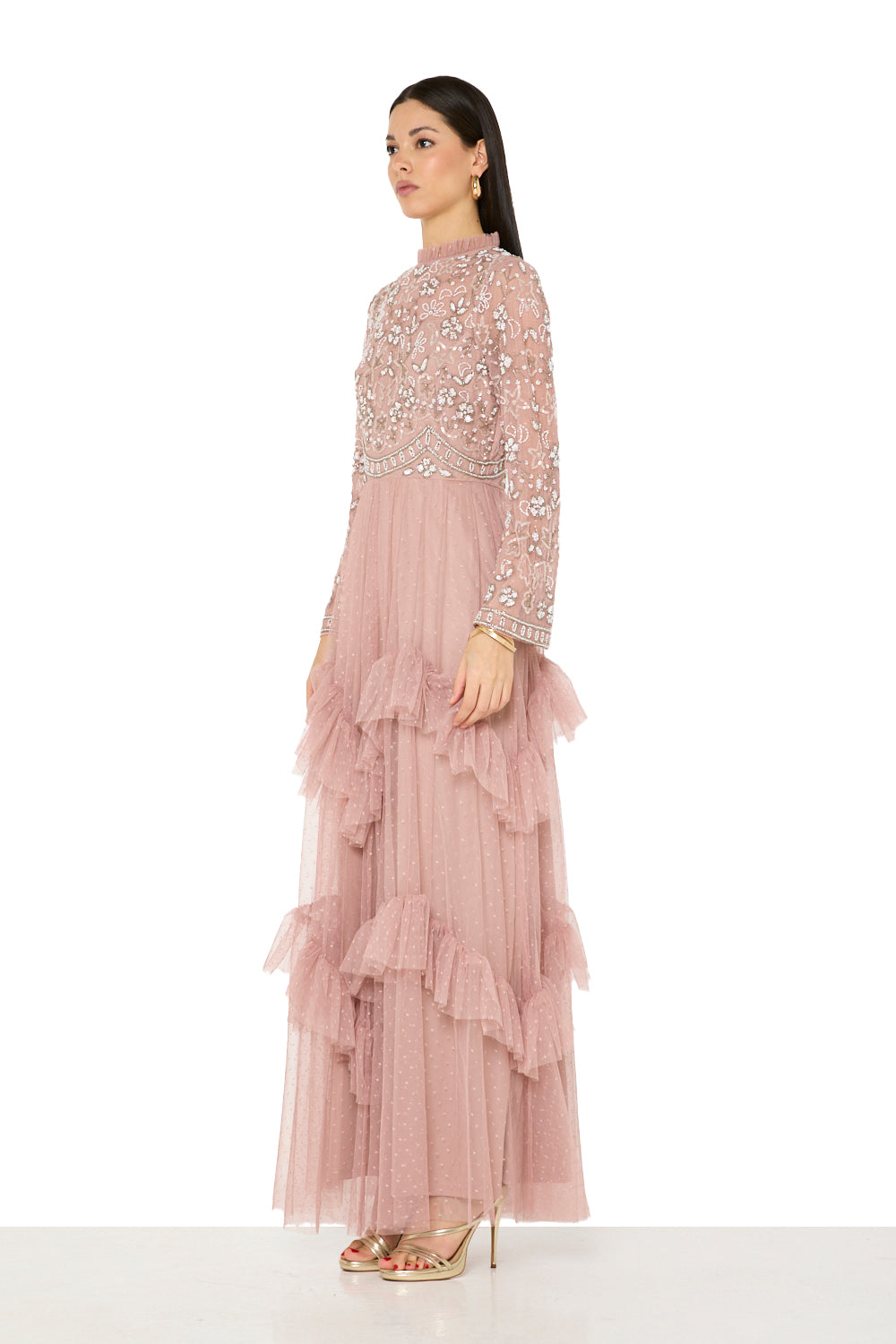 Floral Embroidered High-Neck Tiered Gown