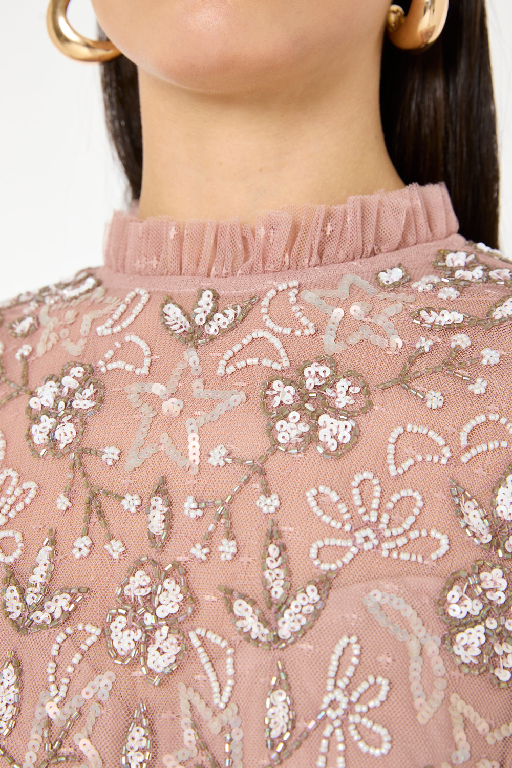 Floral Embroidered High-Neck Tiered Gown