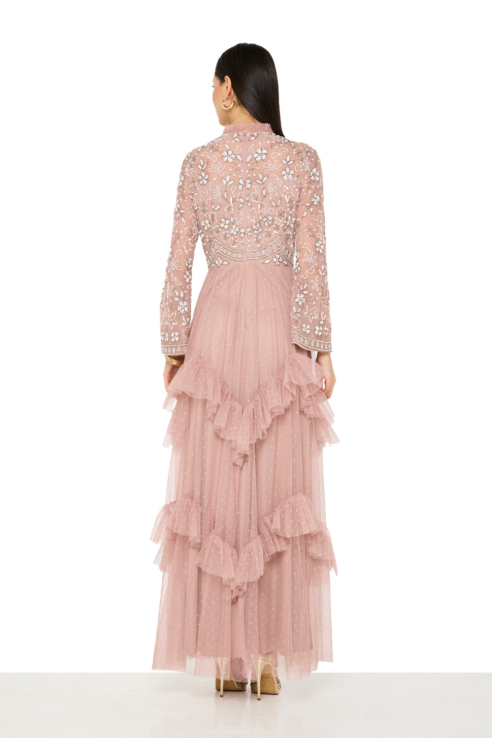 Floral Embroidered High-Neck Tiered Gown