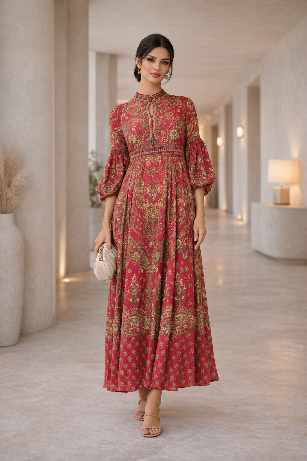 Balloon Sleeves Golden Blooms Print Maxi Dress