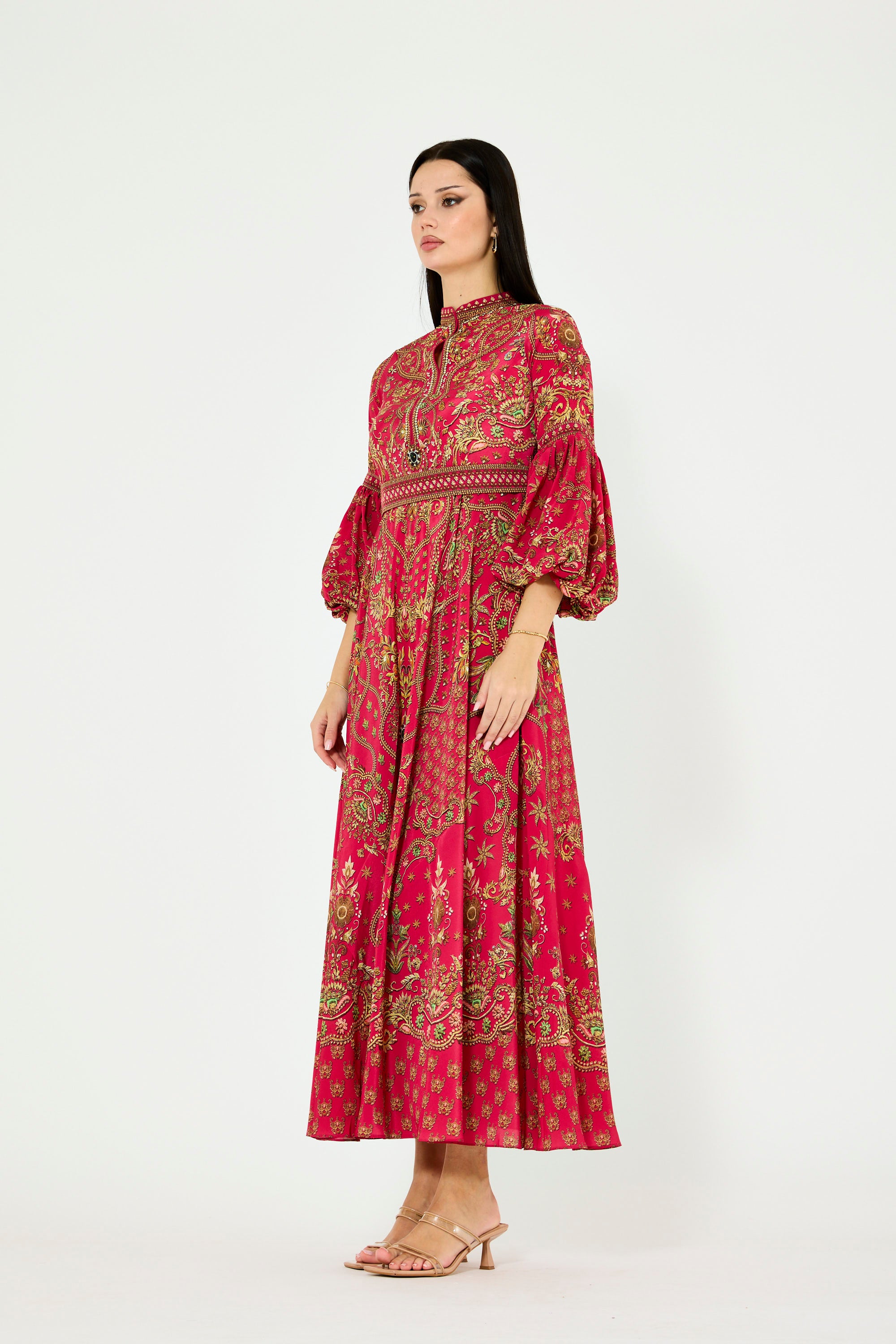 Balloon Sleeves Golden Blooms Print Maxi Dress