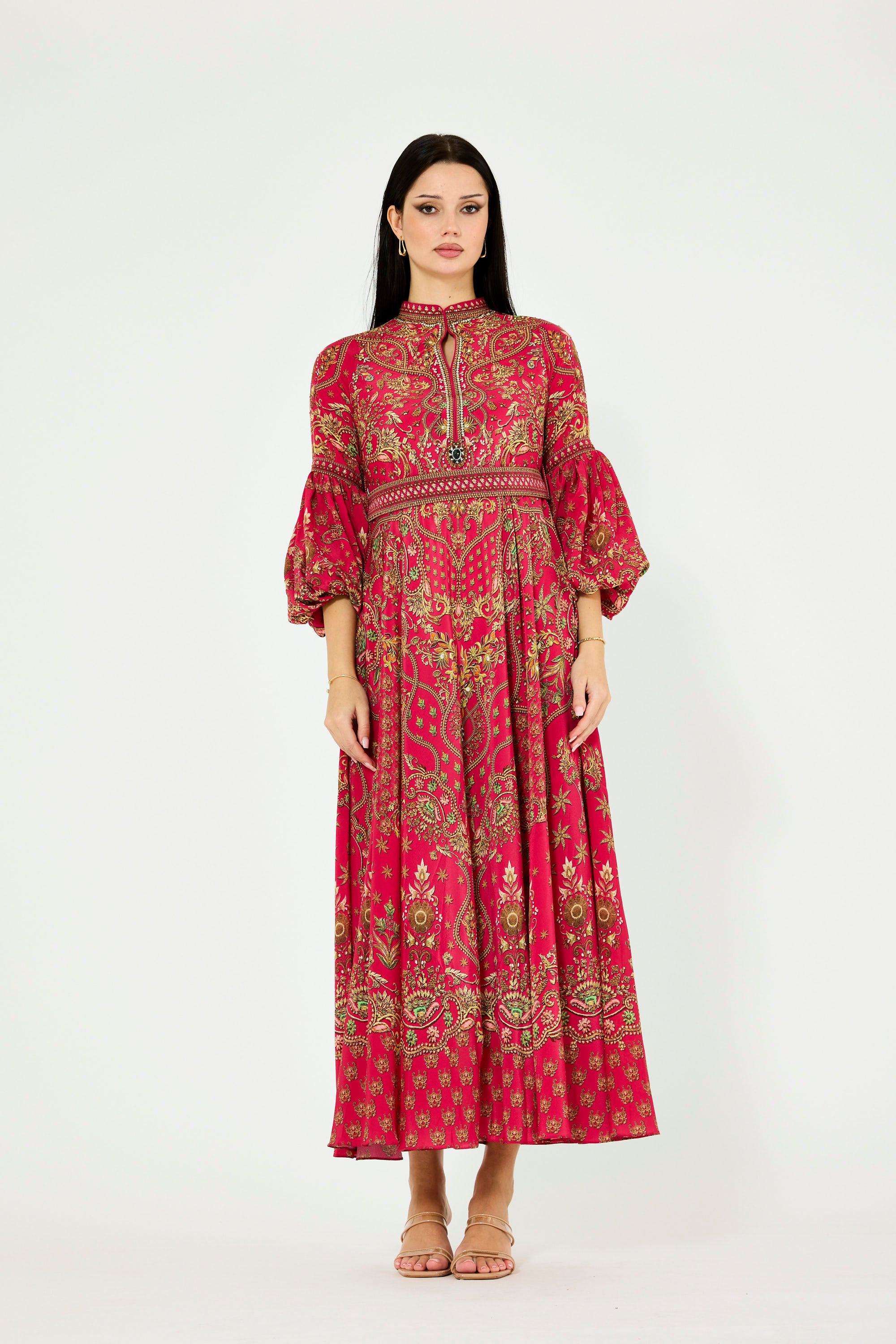 Balloon Sleeves Golden Blooms Print Maxi Dress