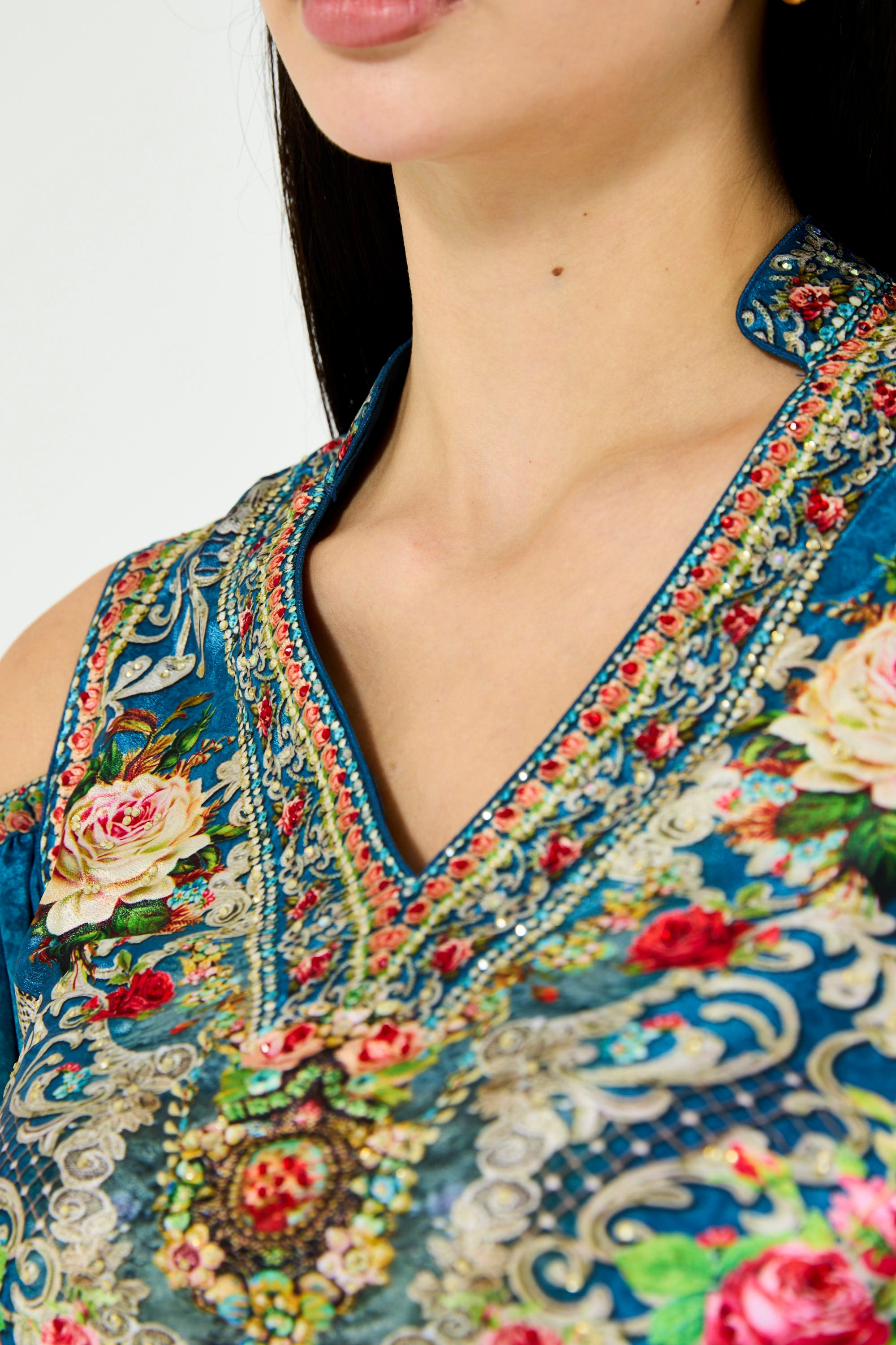 Cold Shoulder Peacock Ombre Floral Print Maxi Dress