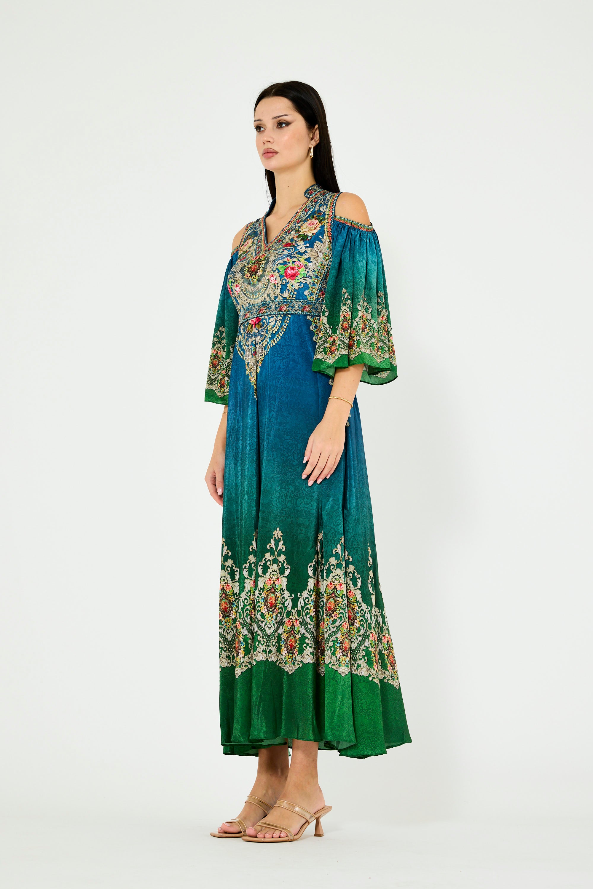 Cold Shoulder Peacock Ombre Floral Print Maxi Dress