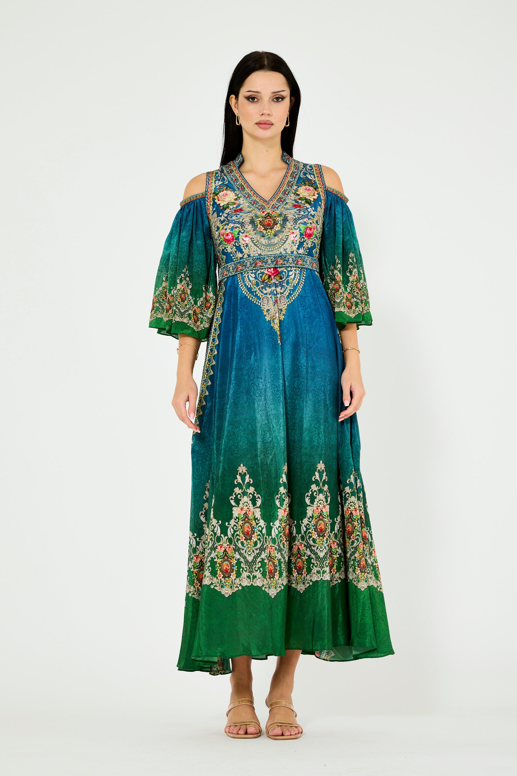 Cold Shoulder Peacock Ombre Floral Print Maxi Dress