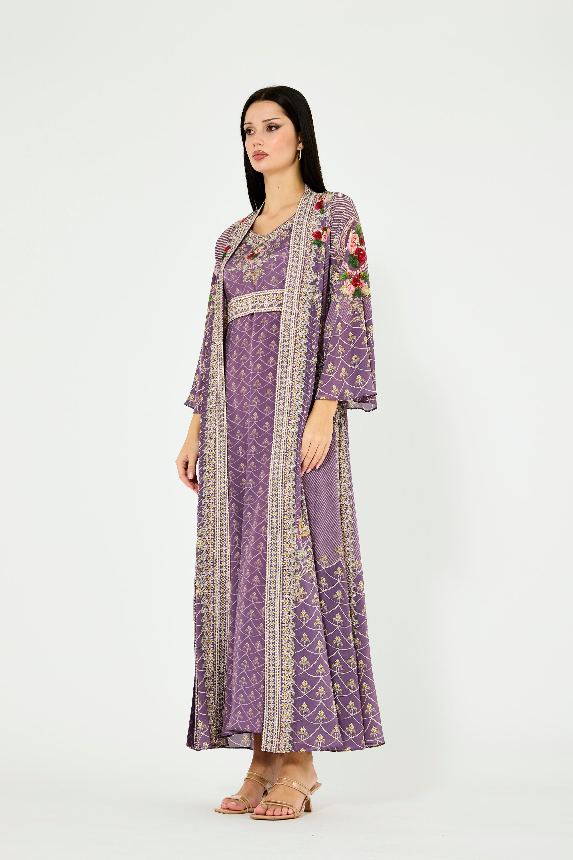 Foliage Pattern Print Bisht & Dress Set