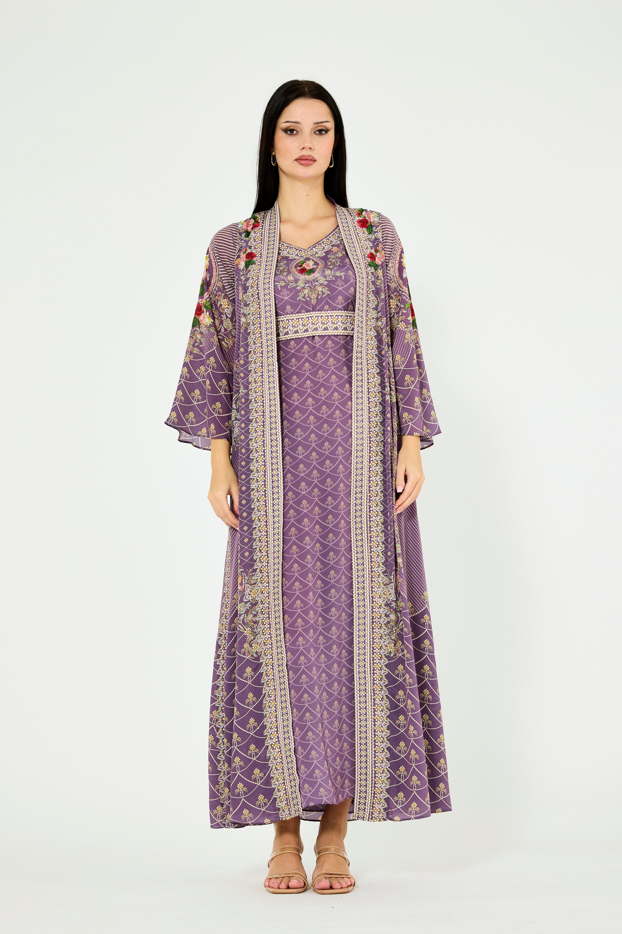 Foliage Pattern Print Bisht & Dress Set