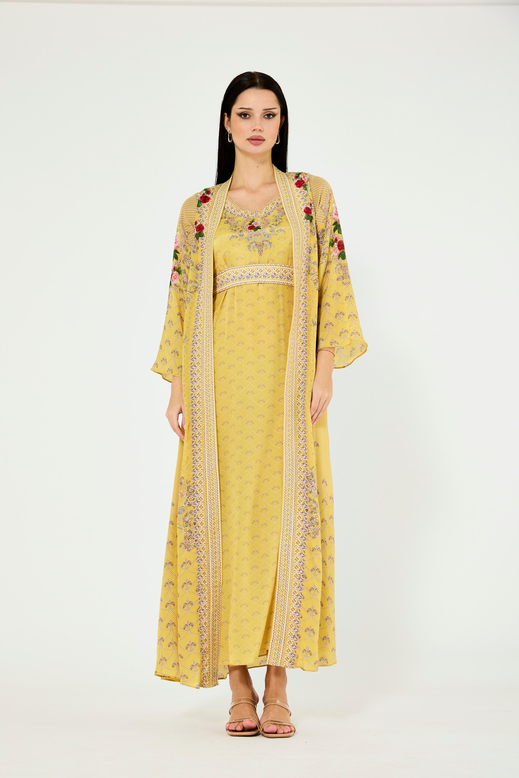 Foliage Pattern Print Bisht & Dress Set