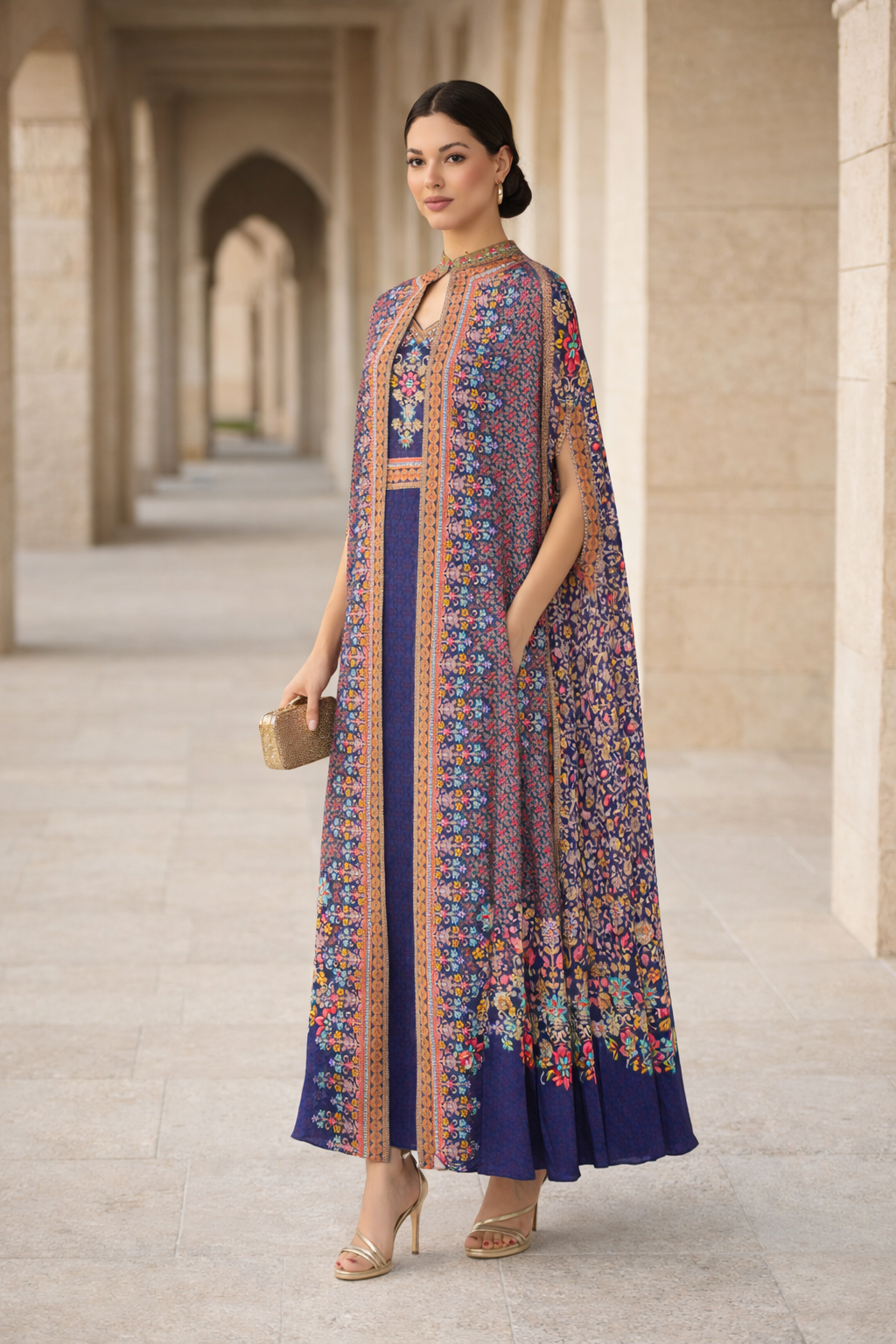 Royal Floral Cape Bisht and Dress Set