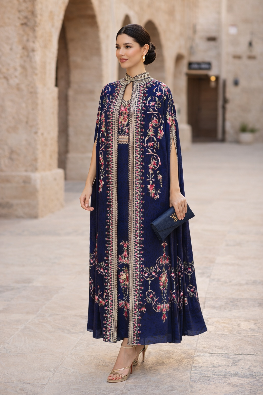 Floral Detailed Cape Bisht Dress