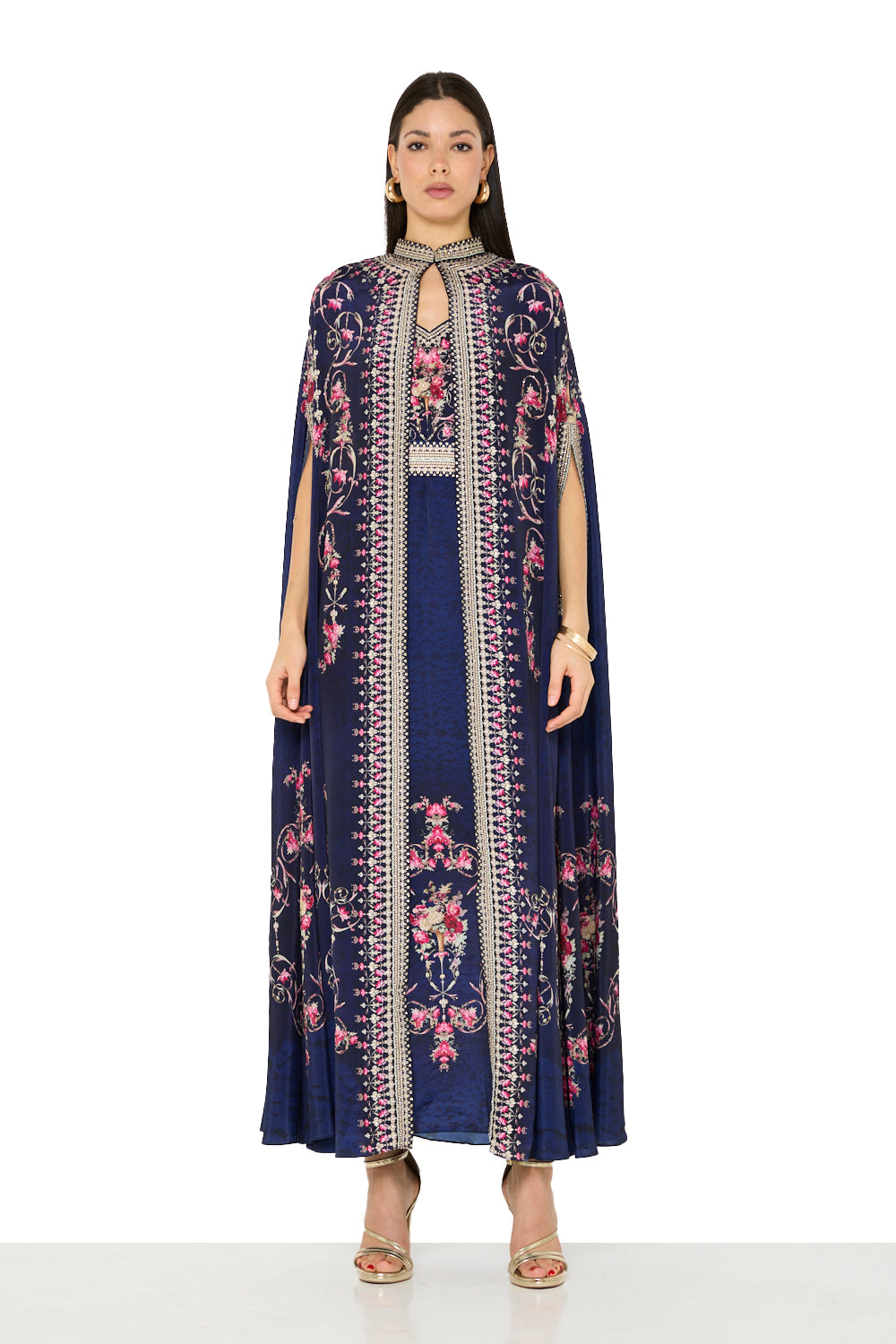 Floral Detailed Cape Bisht Dress