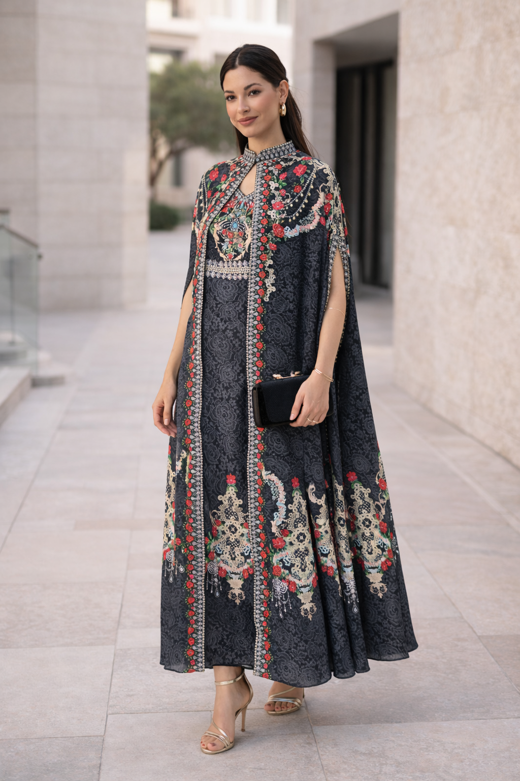 Floral Medallion Motif Bisht and Dress Set