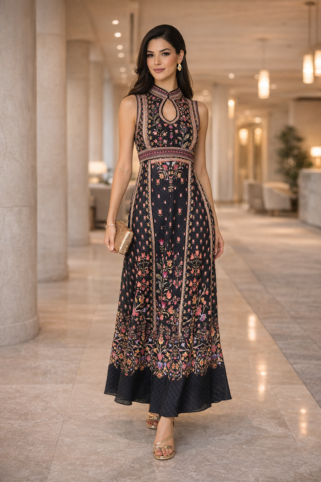 Floral Panelled Keyhole Maxi Dress