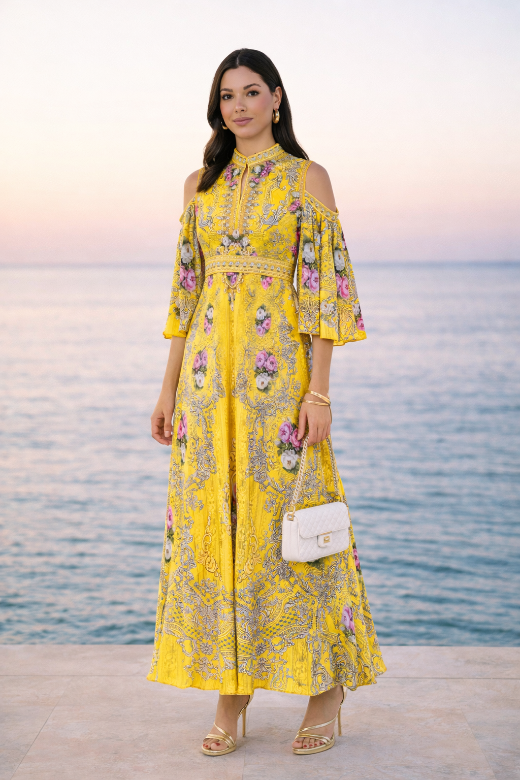 Baroque floral print cold-shoulder Dress