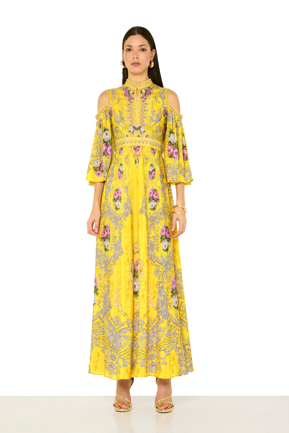 Baroque floral print cold-shoulder Dress