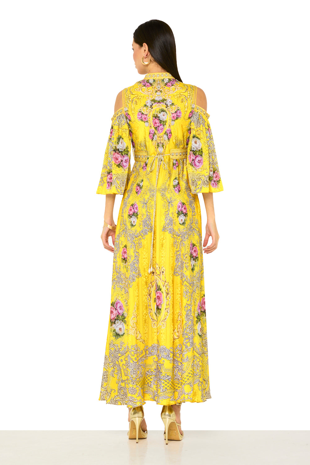 Baroque floral print cold-shoulder Dress