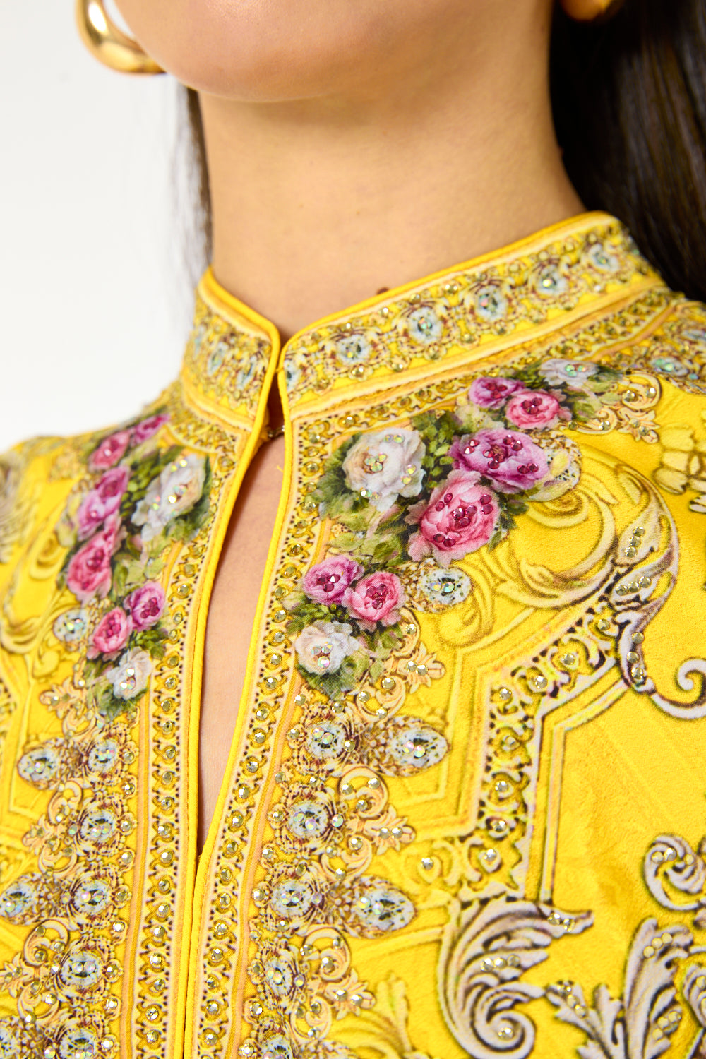 Baroque floral print cold-shoulder Dress