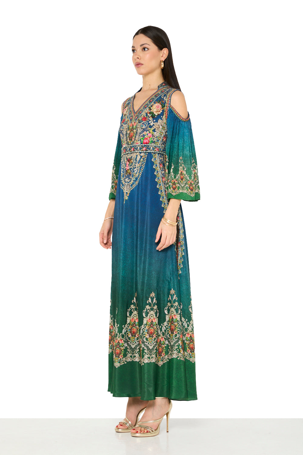 Ornate Floral Printed V-Neckline Maxi Dress