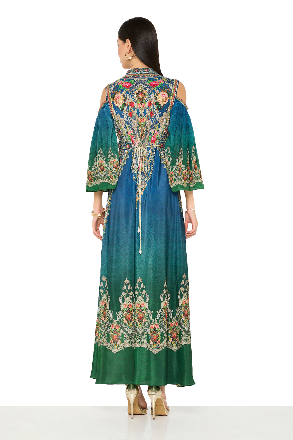 Ornate Floral Printed V-Neckline Maxi Dress