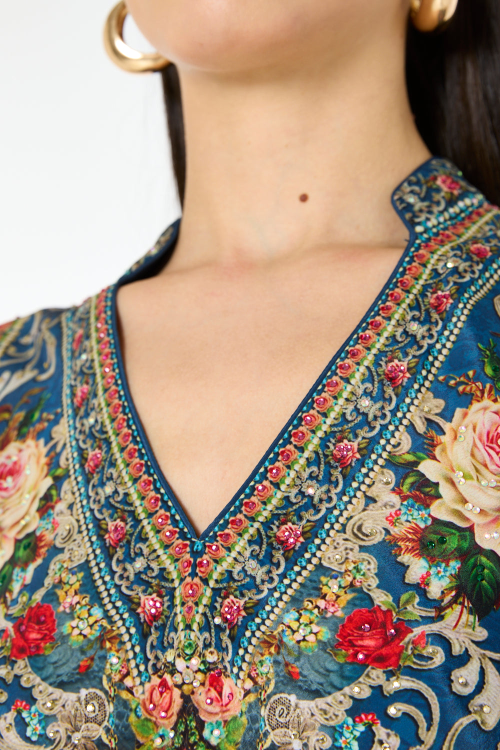 Ornate Floral Printed V-Neckline Maxi Dress