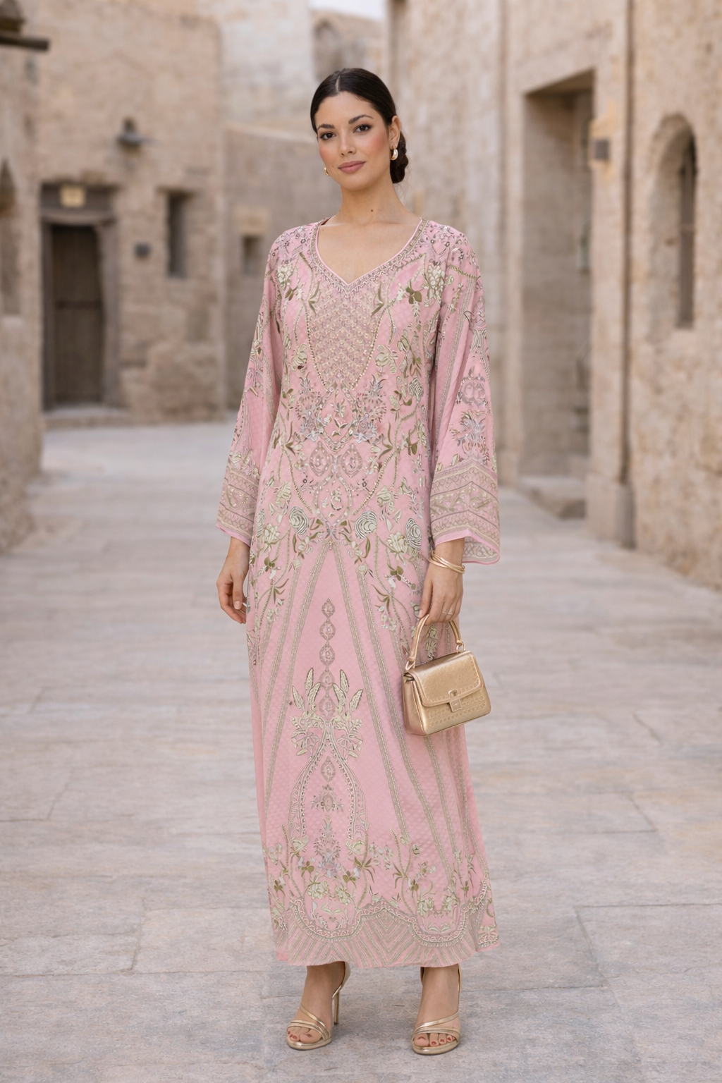 Vintage Floral Motif Long Sleeve Dress