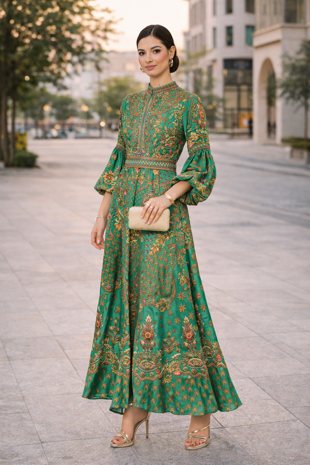 Classic Empire Print High-Neck Gown