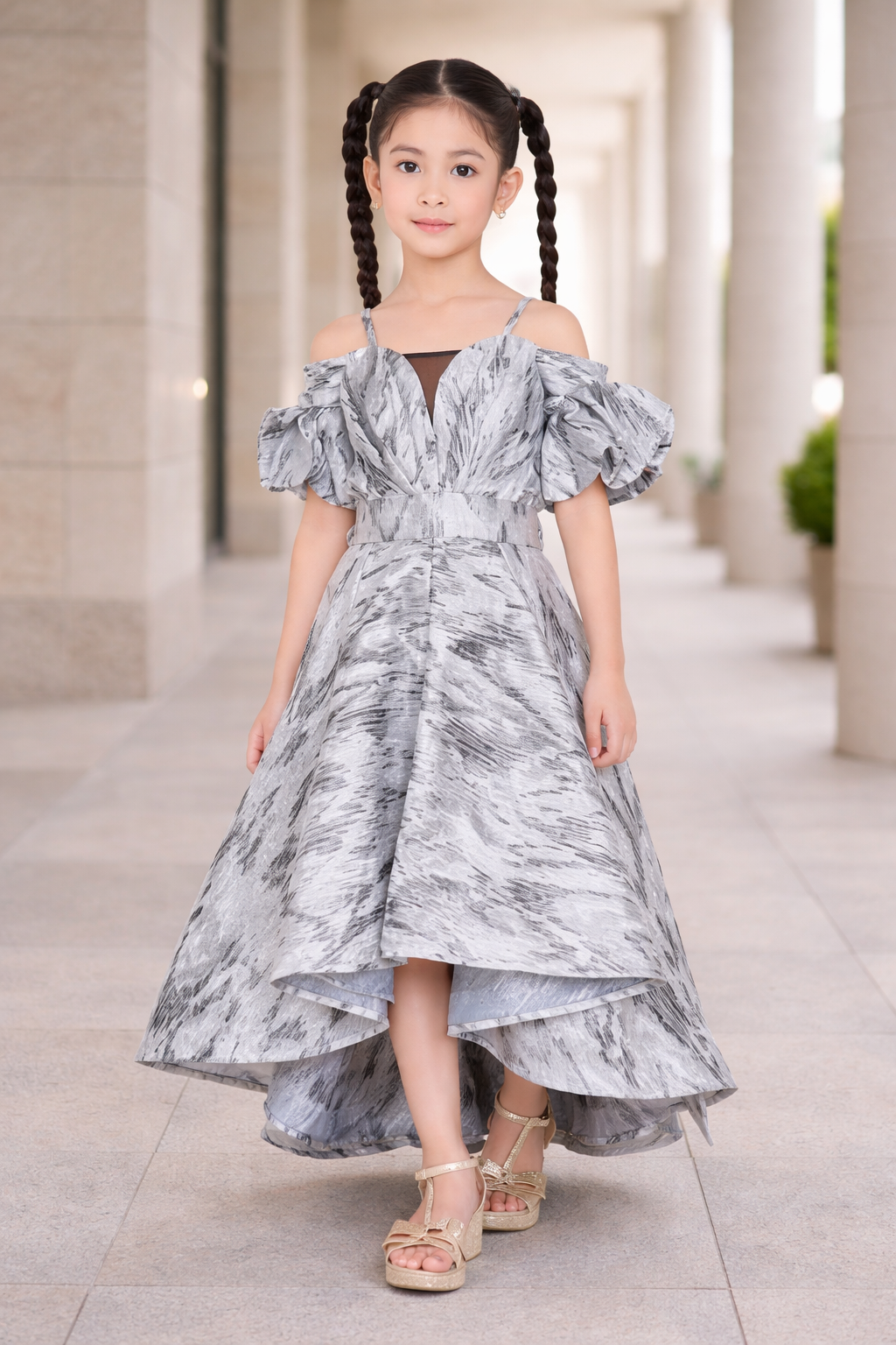 Ikat Pattern Off-Shoulder Puff Sleeve Dress