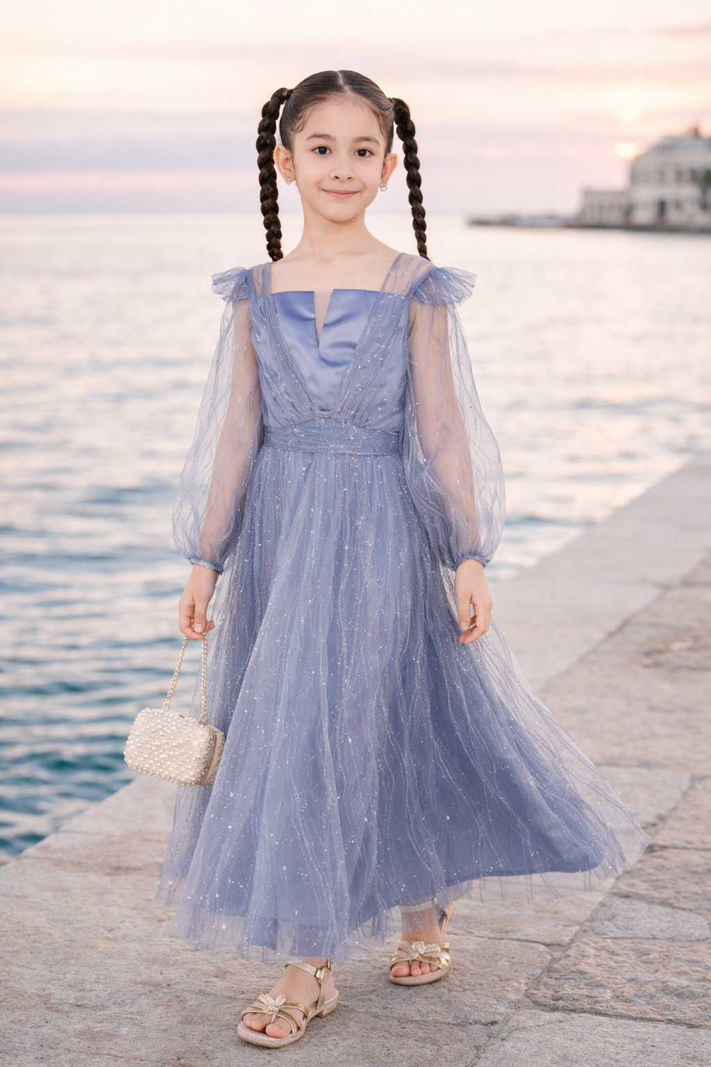 Sheer Sleeve Sparkle Tulle Gown