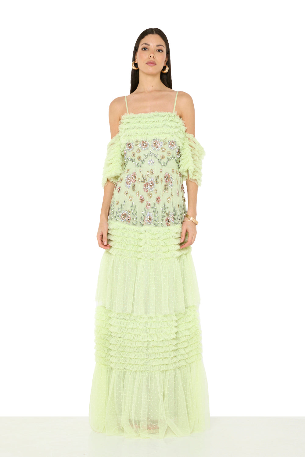 Ruffled Embellished Tiered Gown