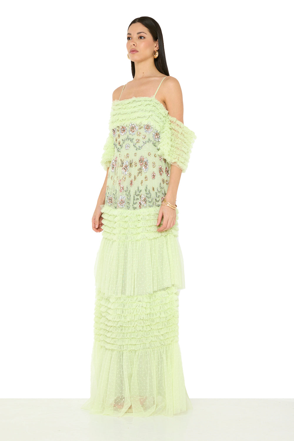 Ruffled Embellished Tiered Gown