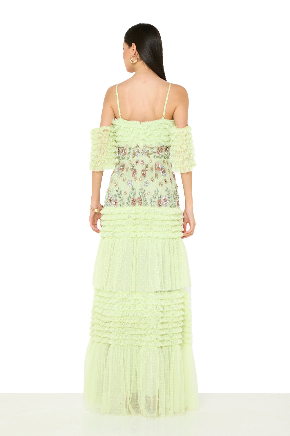 Ruffled Embellished Tiered Gown