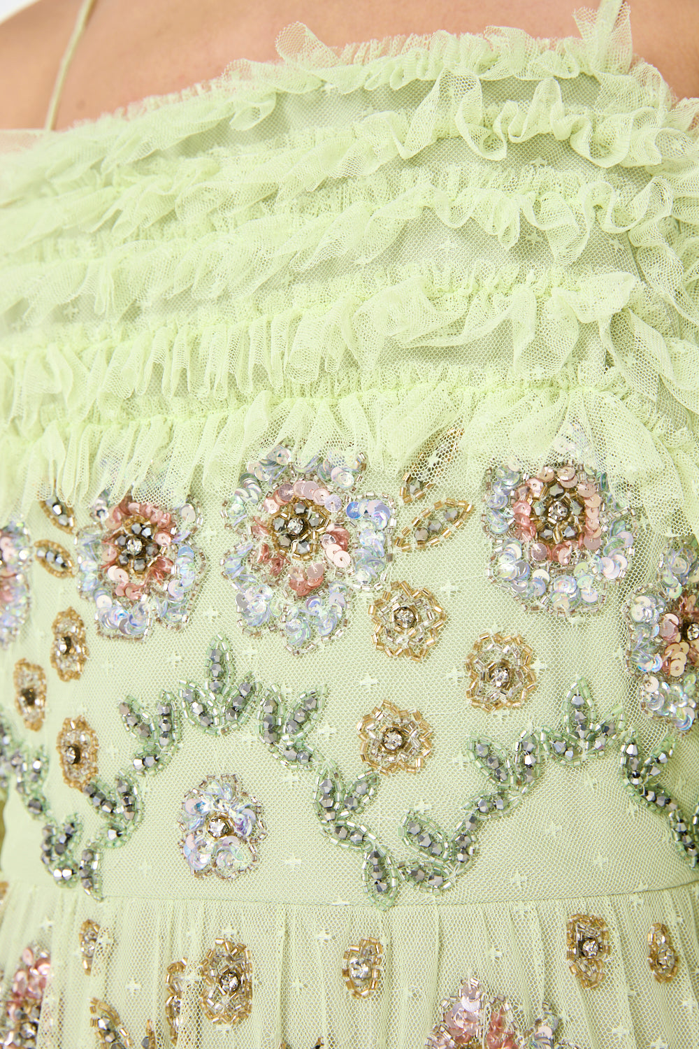 Ruffled Embellished Tiered Gown