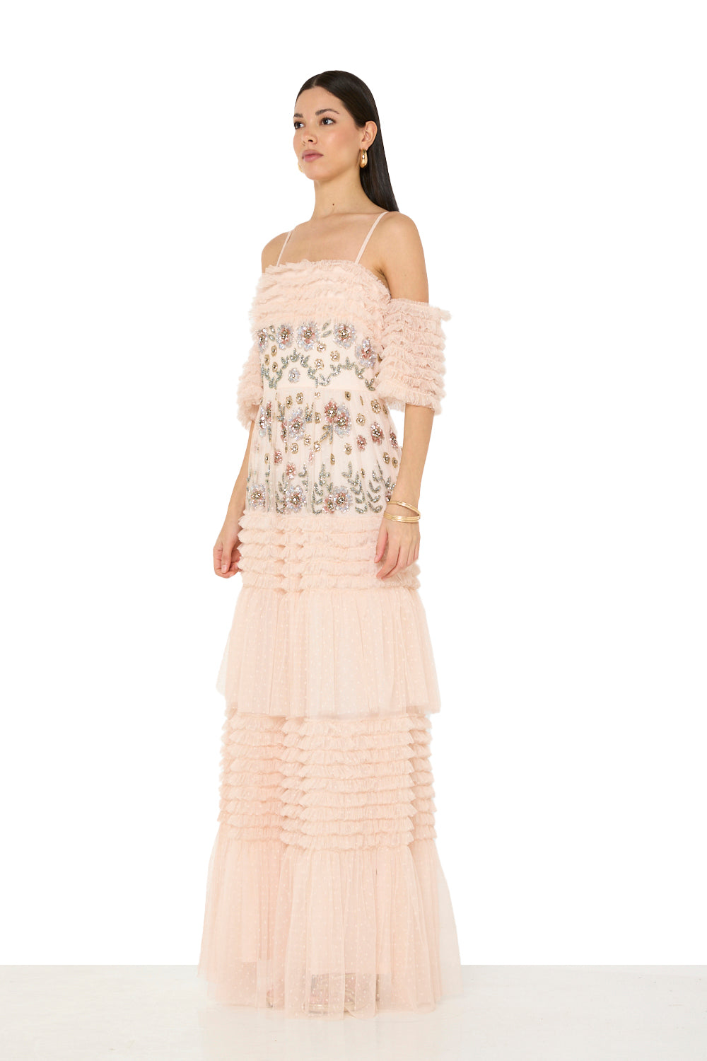 Ruffled Embellished Tiered Gown