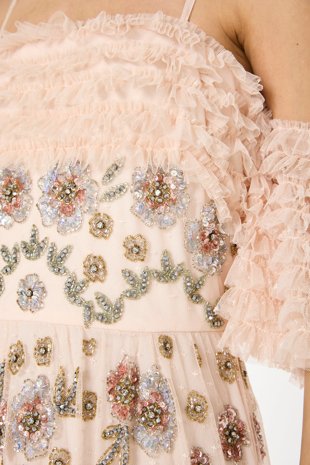 Ruffled Embellished Tiered Gown