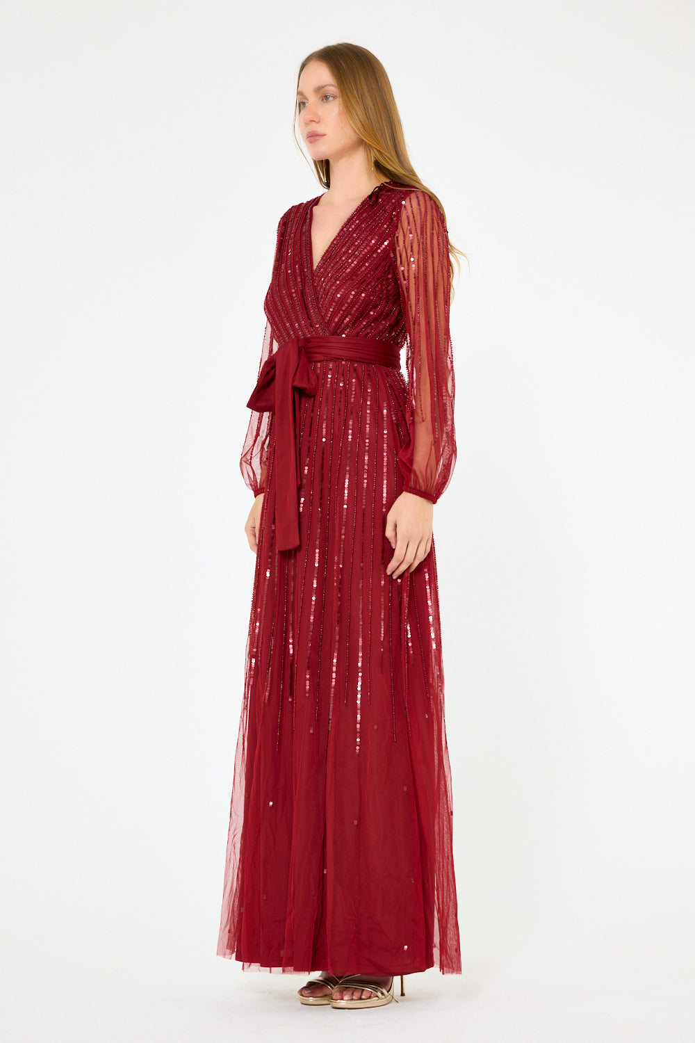 Sheer Sleeve Striped Sequin Gown