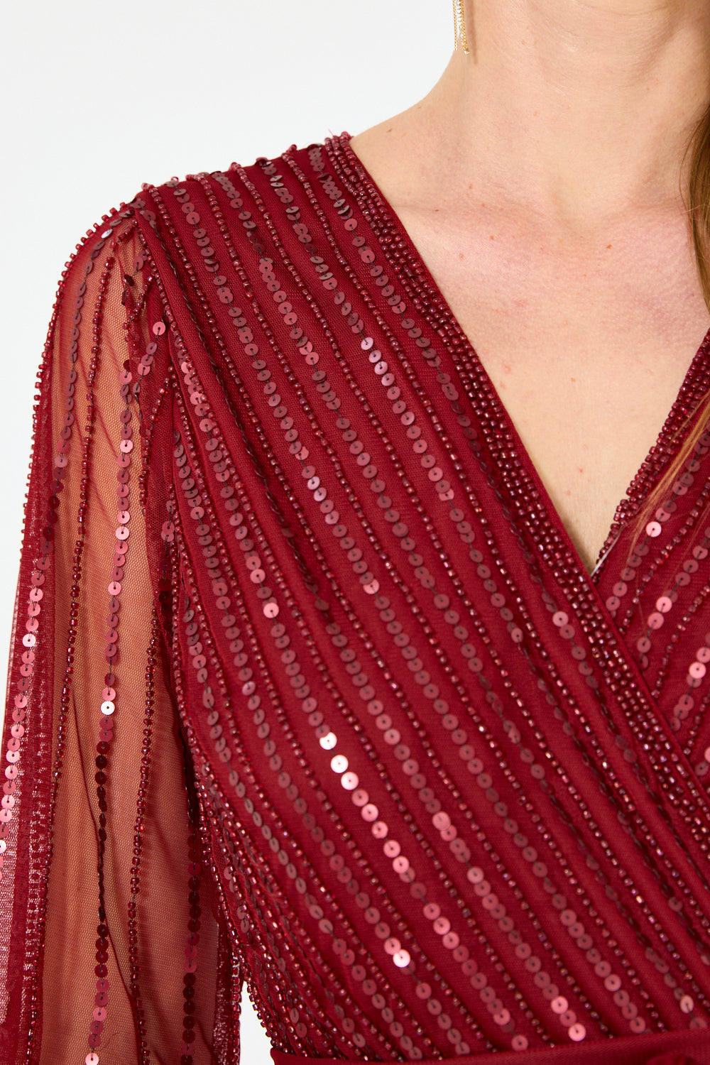 Sheer Sleeve Striped Sequin Gown