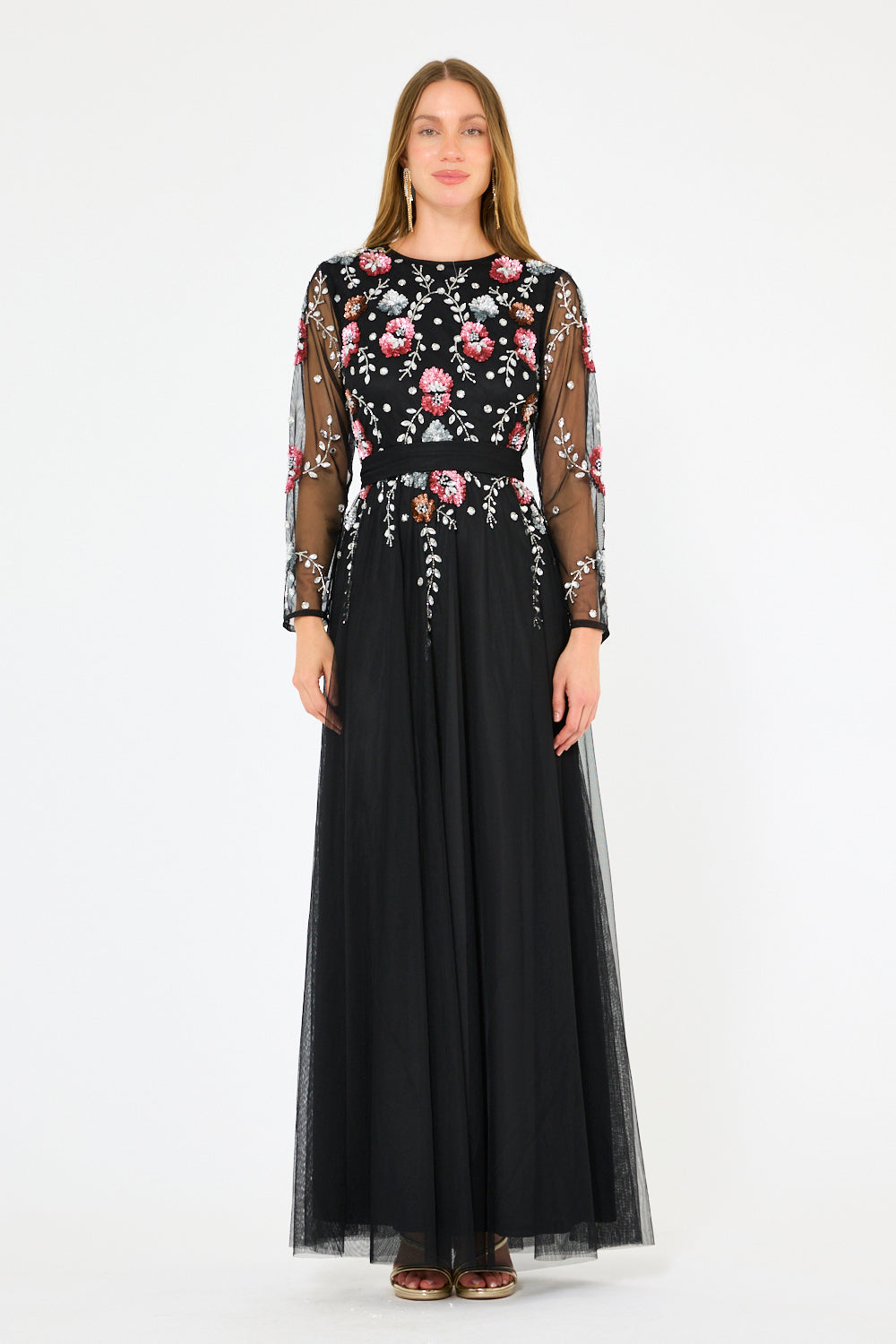 Illusion Sleeve Floral Embroidered Tulle Gown