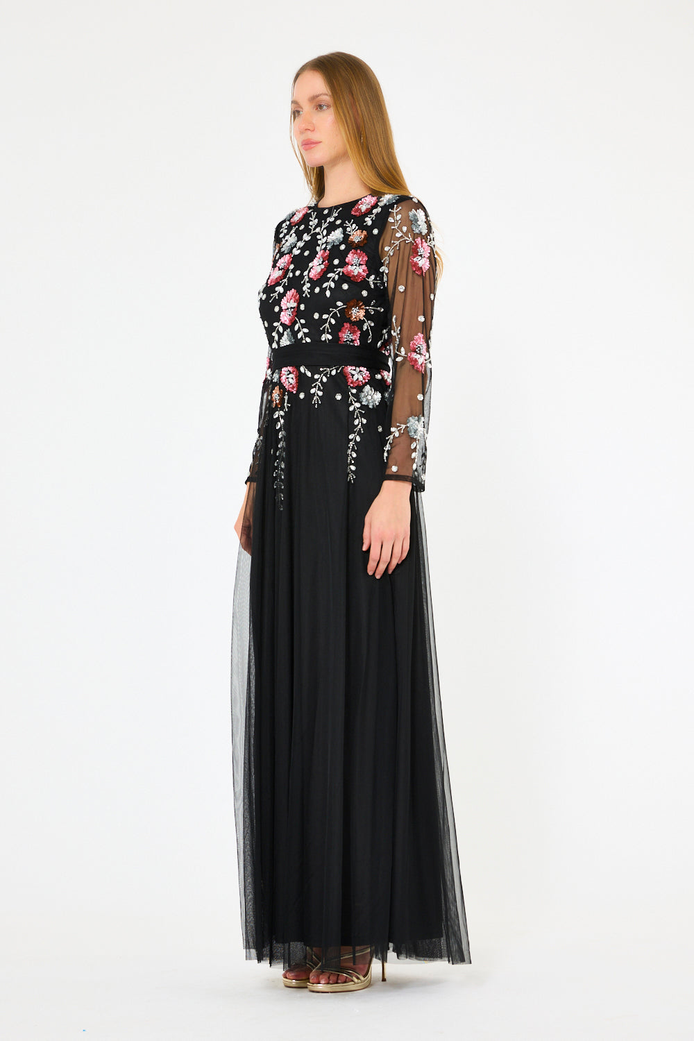 Illusion Sleeve Floral Embroidered Tulle Gown