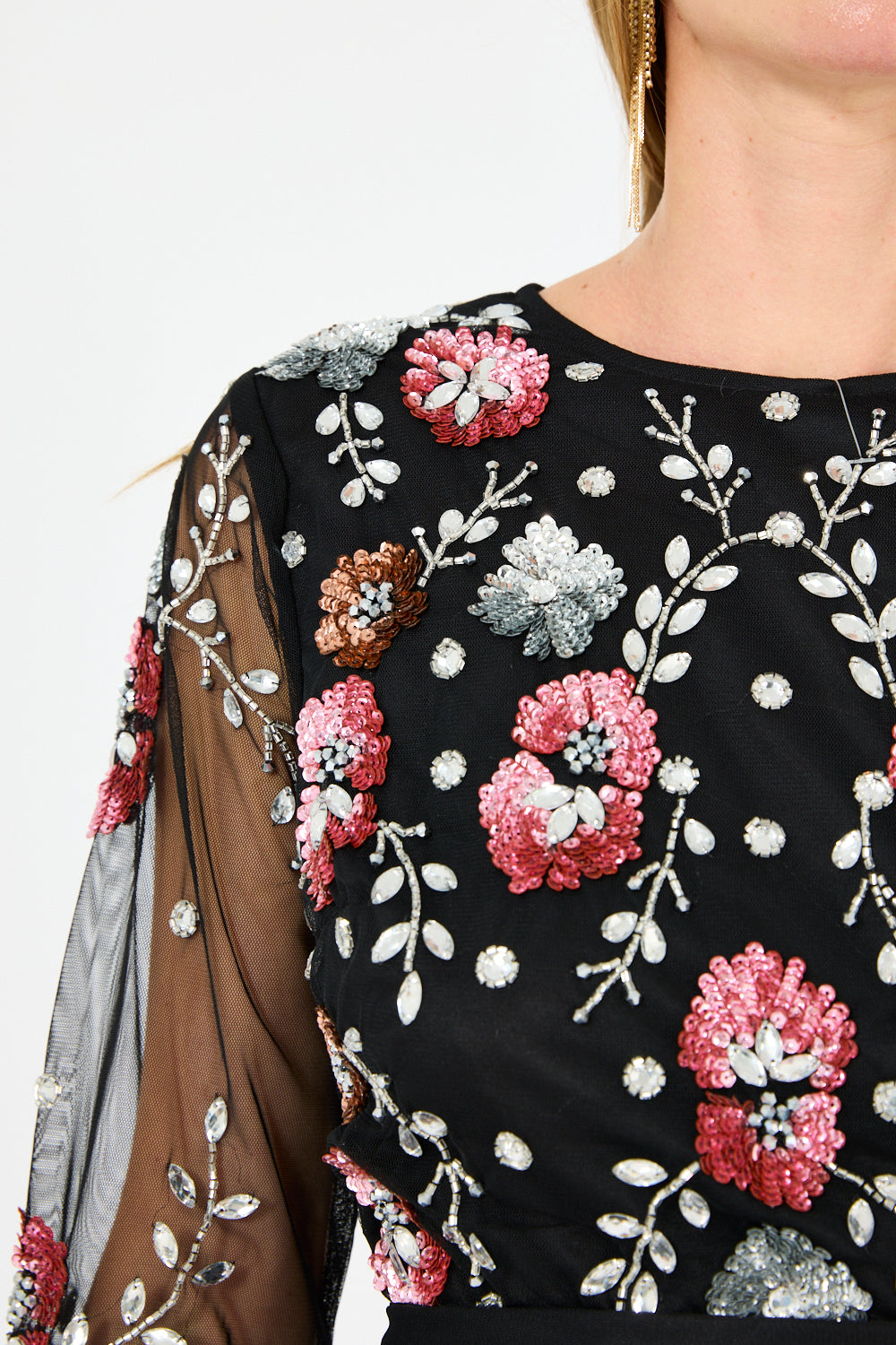 Illusion Sleeve Floral Embroidered Tulle Gown