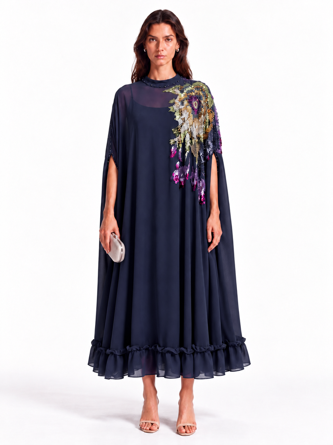 "Nesma" High Neck Beaded Cape Dress