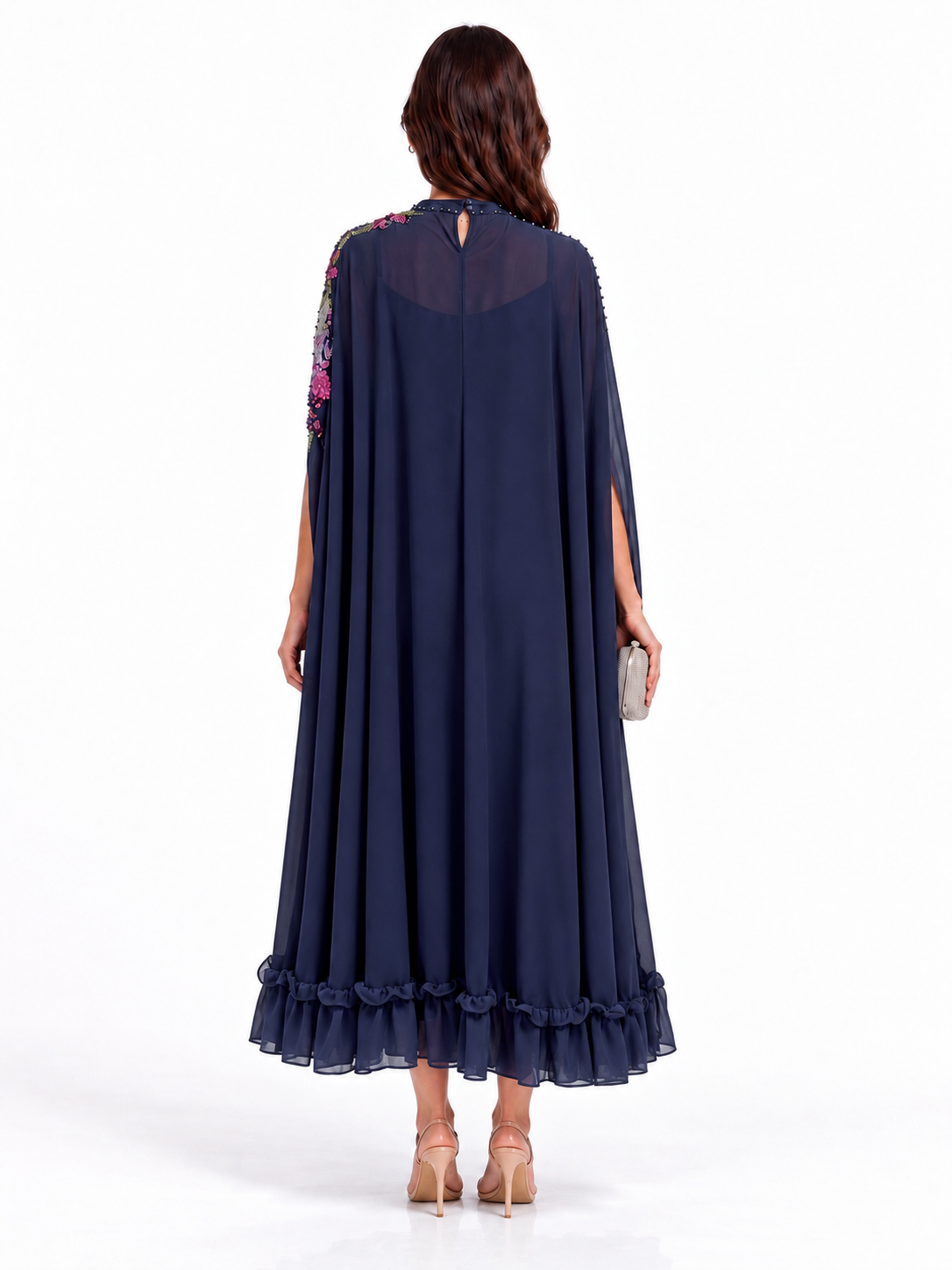 "Nesma" High Neck Beaded Cape Dress