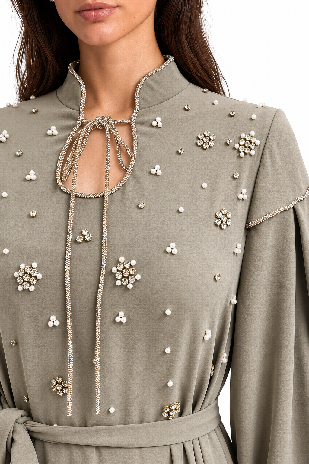"Mariam" Pearl Tie-Neck Balloon Sleeve Dress