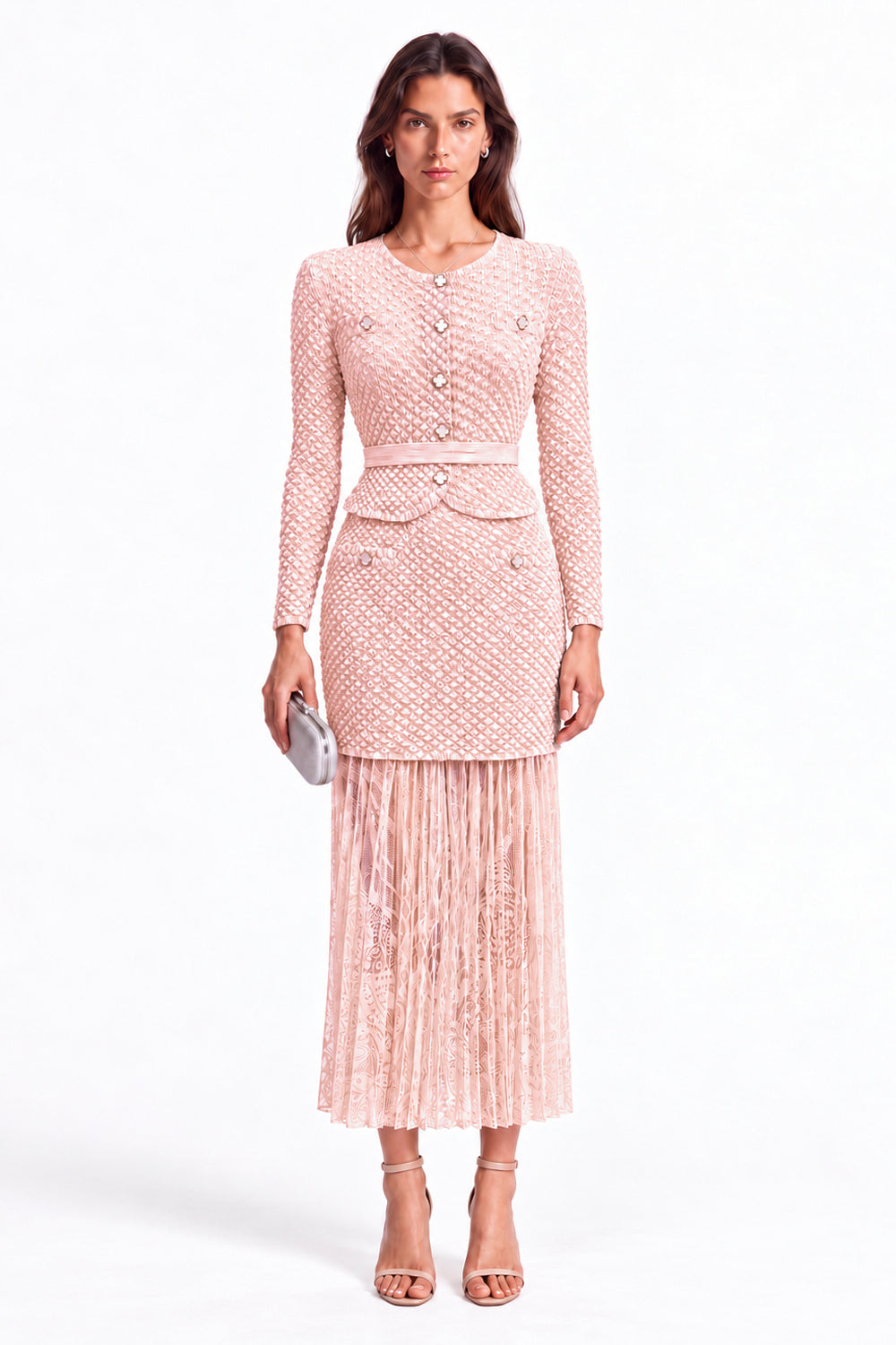 "Maya" Crinkle Chiffon & Mesh Buttoned Jacket Skirt Set