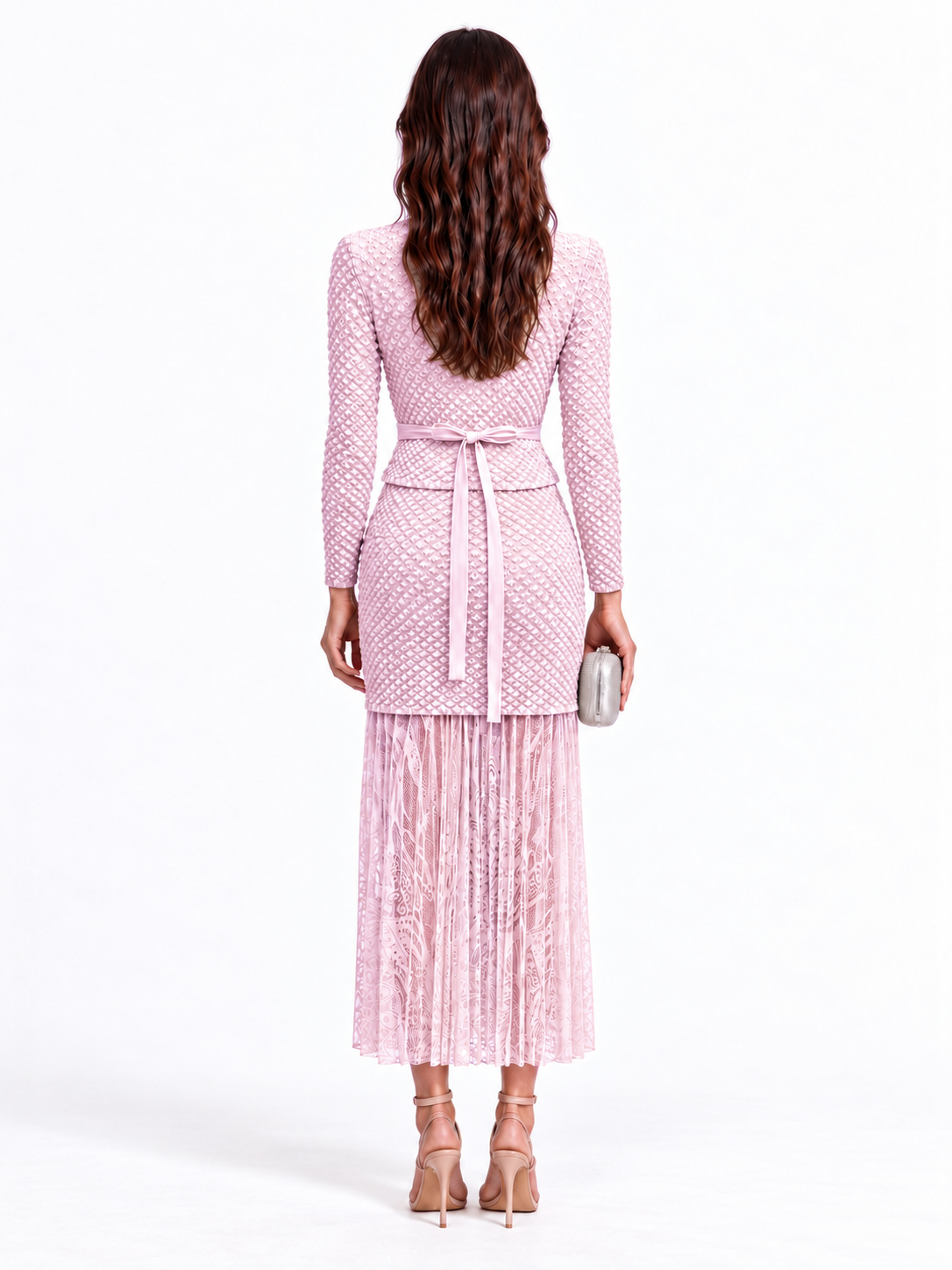 "Maya" Crinkle Chiffon & Mesh Buttoned Jacket Skirt Set