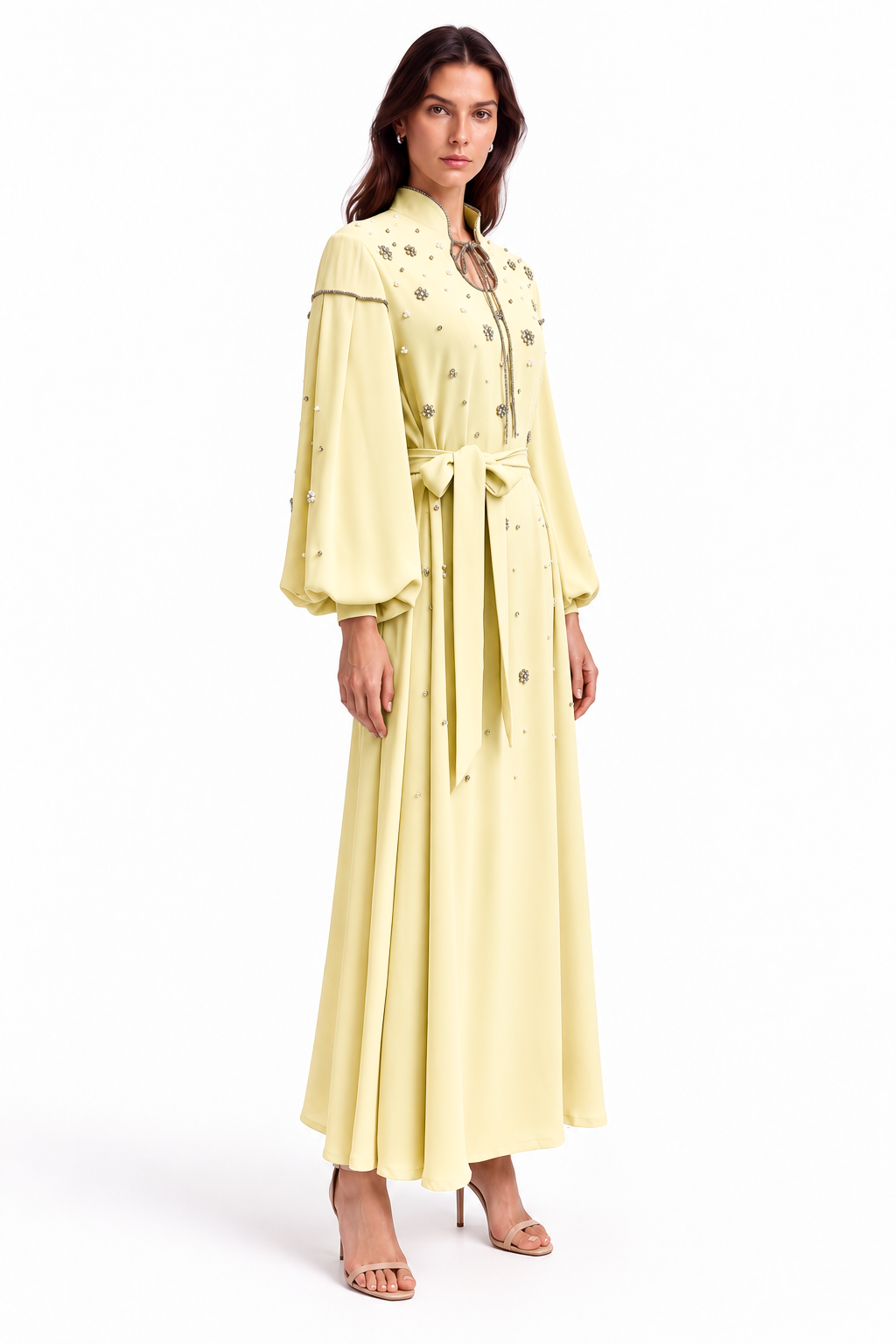 "Mariam" Pearl Tie-Neck Balloon Sleeve Dress