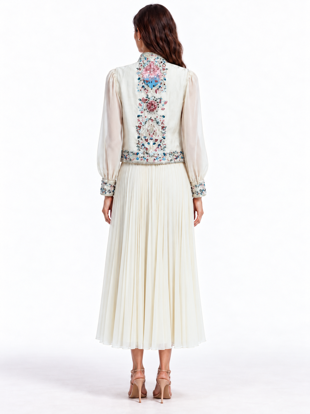"Nesma" Embroidered Tie-Neck Pleated Dress
