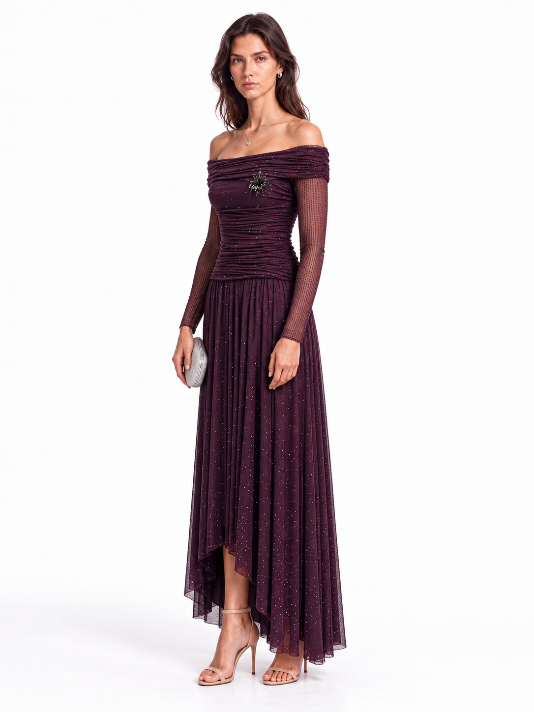 "Nadia" Off-Shoulder Asymmetric Hem Gown