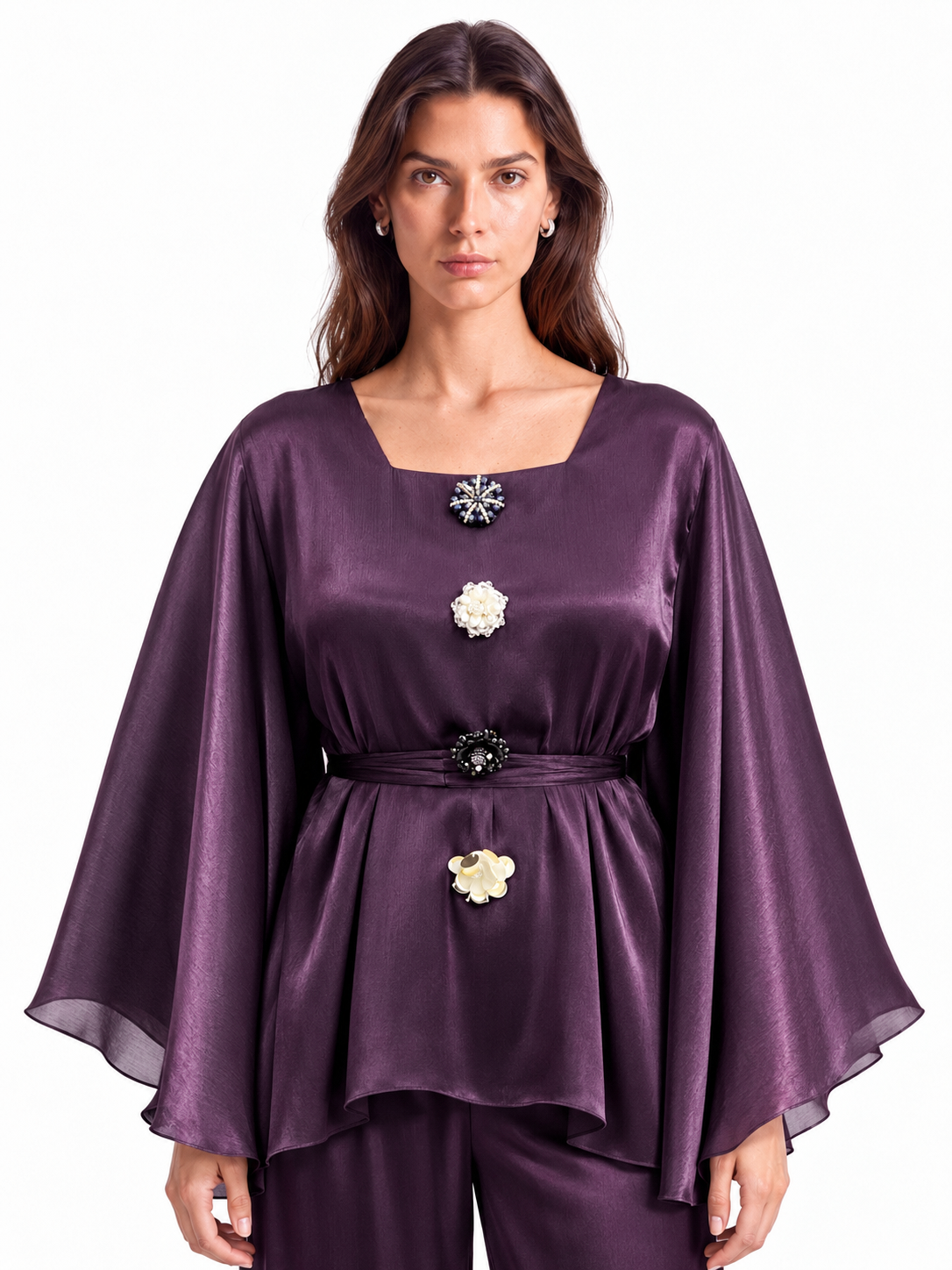 "Nina" Satin Square-Neck Cape Sleeve Style Set