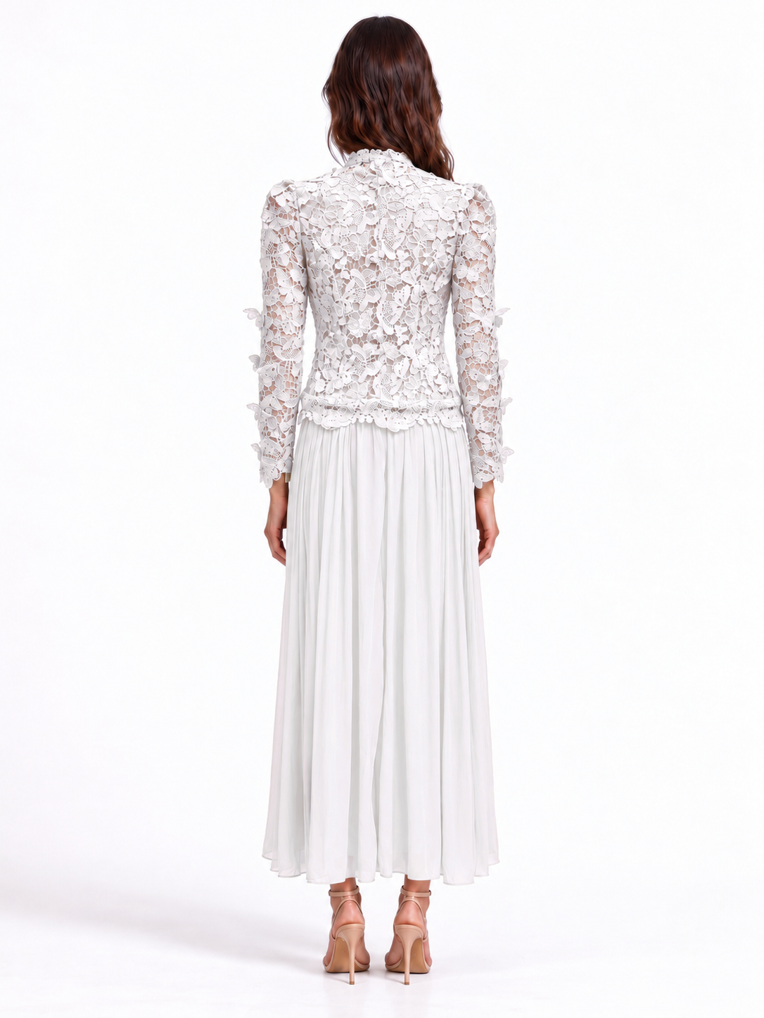 "Elara" Butterfly Lace Pleated Maxi Dress