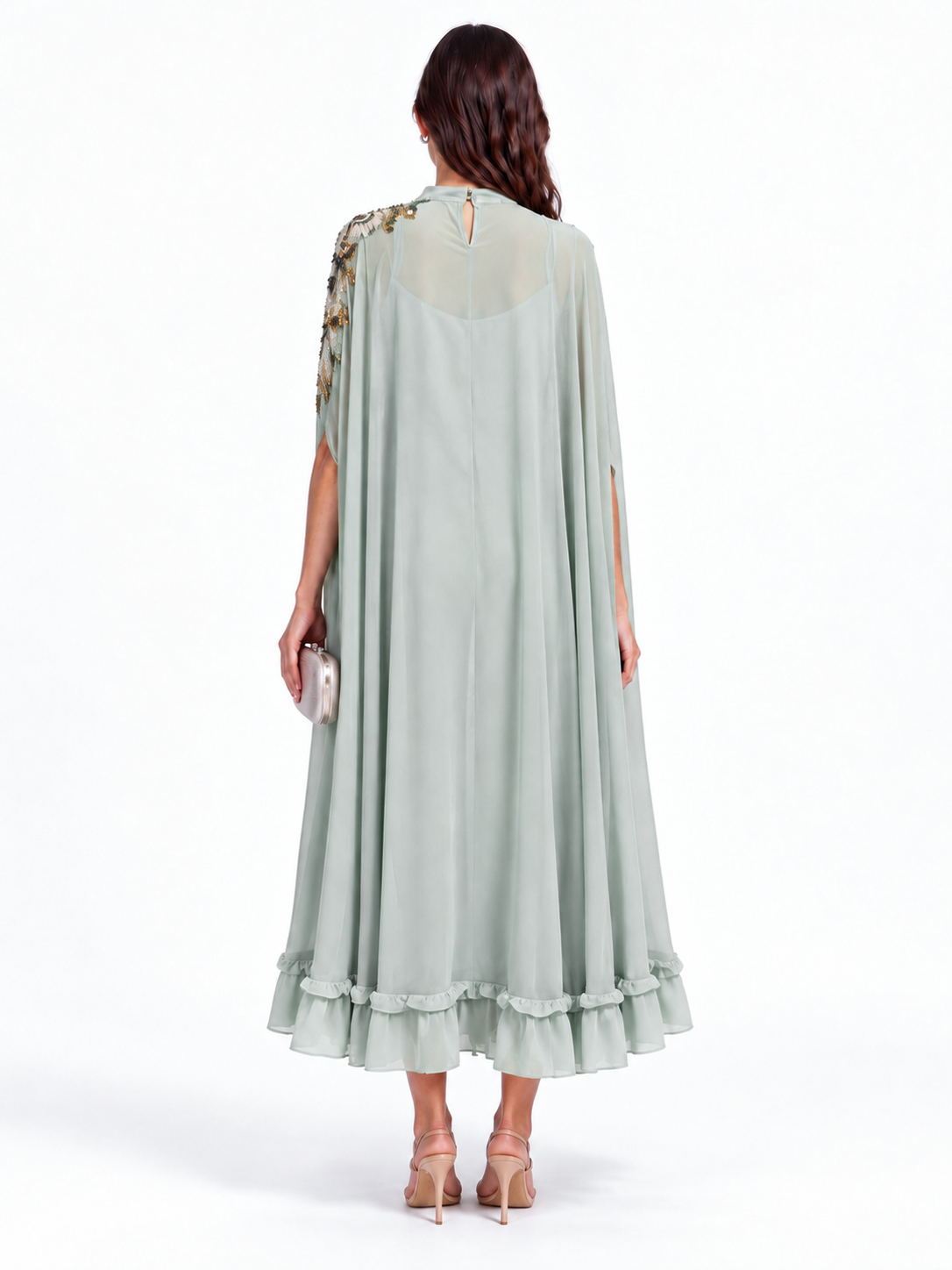 "Nesma" High Neck Beaded Cape Dress